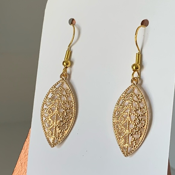 Gold Dangle Fall Leaf Earrings - Picture 1 of 8